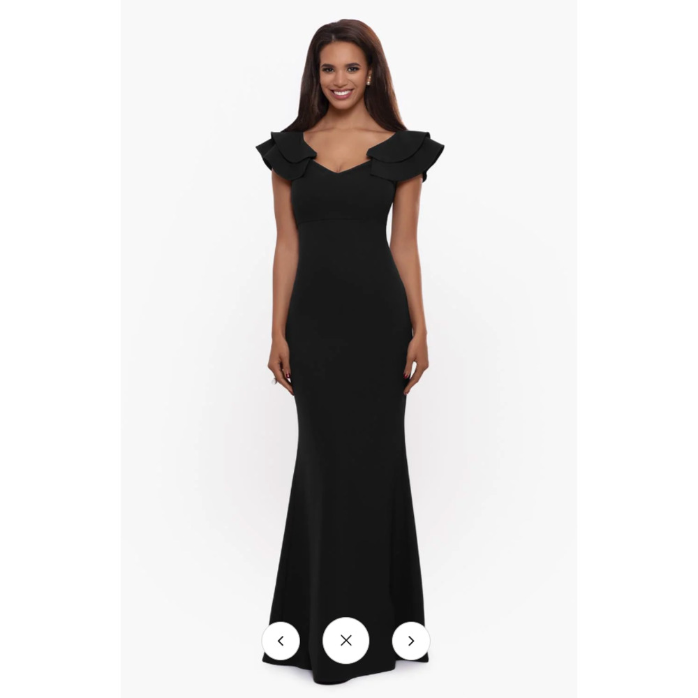 Betsy & Adam Black Long Off The Shoulder Scuba Crepe Ruffle Evening Dress 14